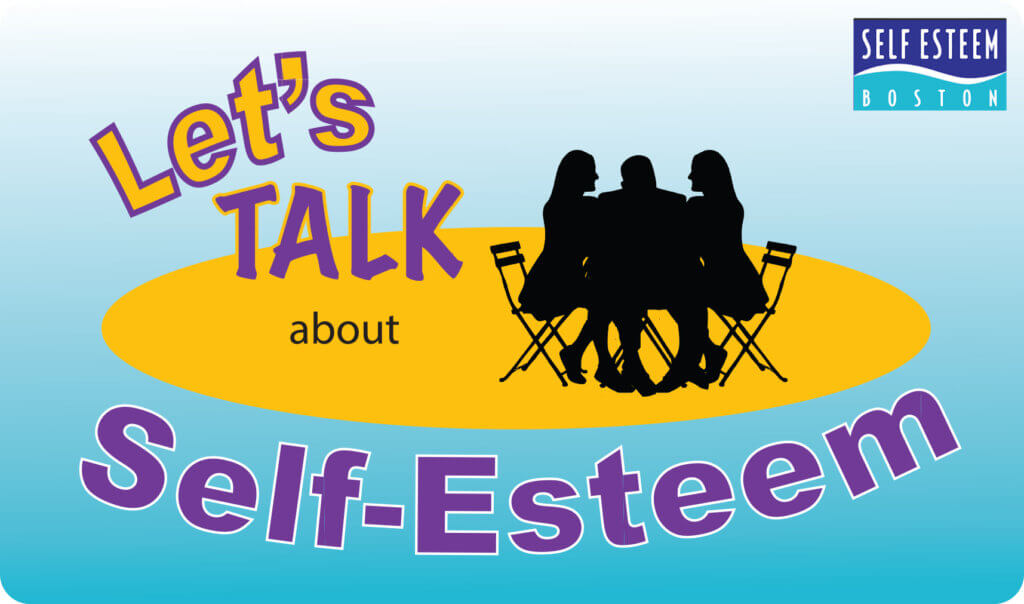 Let's talk about Self-Esteem graphic with group of people sitting around table.